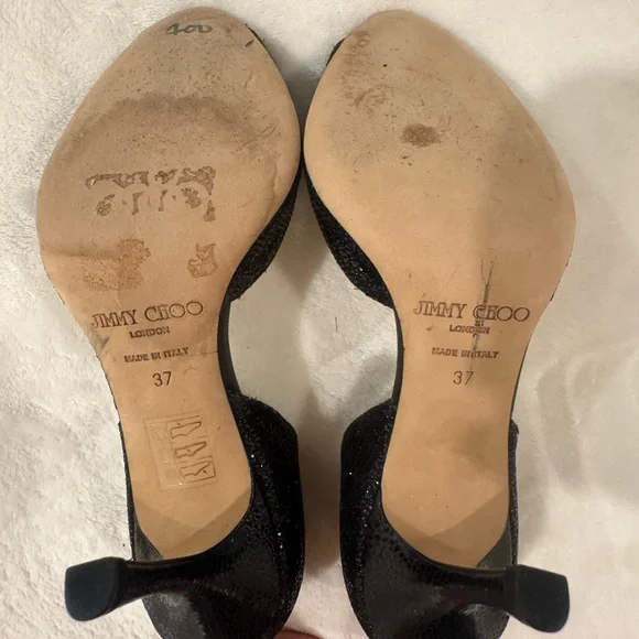 Jimmy Choo Glitter Black Peep Toe Heels - Picture 3 of 3